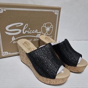 Sbicca Denali Wedge Sandals Black US Women’s Size 8 NIB slip On, Open Toe, Cork